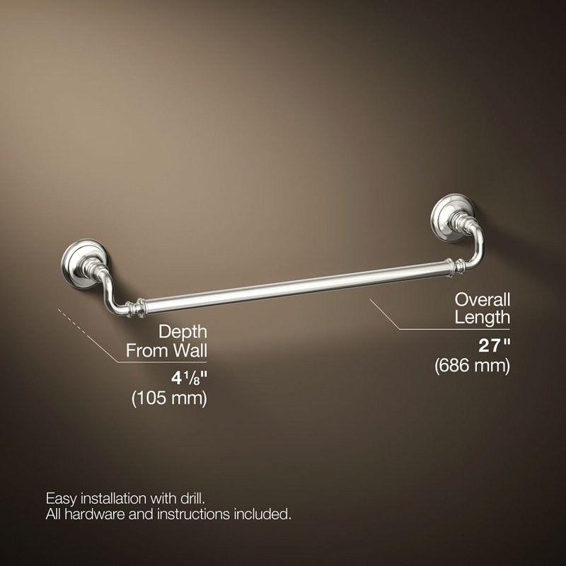 Artifacts® Wall Mounted Towel Bar, Vibrant Polished Nickel, 3" H x 27" W x 3.5" D
