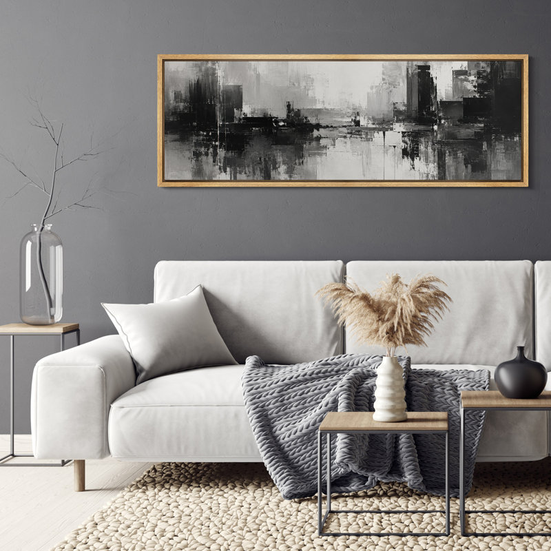 «Black White Urban Skyline Abstract», reproduction d'art sur toile encadrée, H 20 po x l 60 po x P 1,5 po, Naturel