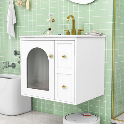 Meuble-lavabo mural 24 po avec lavabo en céramique, armoire de porte en verre et 2 tiroirs 24 po