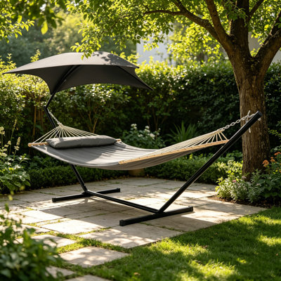 10.5 Ft Double Quilted Rollo With Adjustable Sun Canopy – Hardwood Spreader Bar & Thickened Hand-Woven Ropes, Includes Pillow, Tree Straps & Carabiners For Outdoor Camping, Patio, Backyard