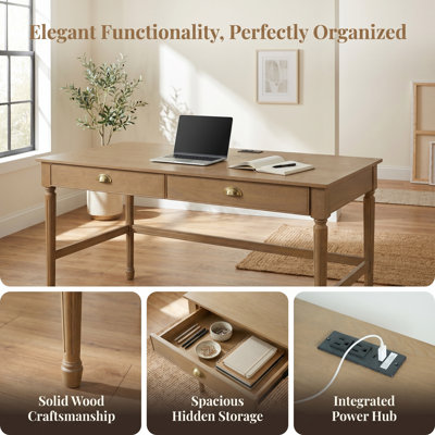 Bureau UnaNidus 60 po avec prises électriques et ports USB intégrés, bureau en bois d'hévéa avec 2 tiroirs
