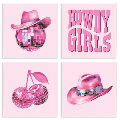 Trendy Pink Western Disco 4 Piece Wall Plaque Art Set, design by Sarah Adams