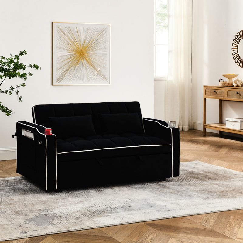 Lit de 55,51 po en velours, avec dossier réglable et douille fournie (dossier en velours noir moderne, porto, cendrier, support de téléphone rotatif, 2 coussins)