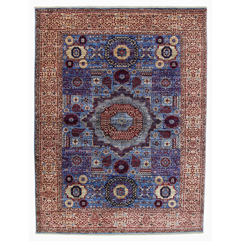 Hand Knotted Wool Area Rug in Blue And Beige, Rectangle 4'11" x 6'7"