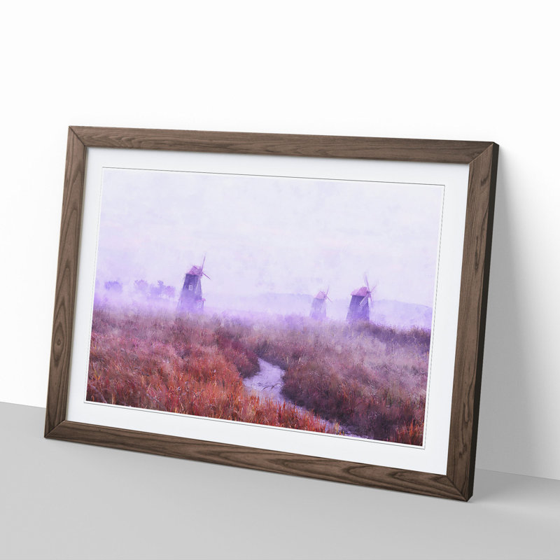 Landscape Windmill and Stream - Picture Frame Graphic Art, 27cm H x 36cm W x 2cm D, Walnut Framed