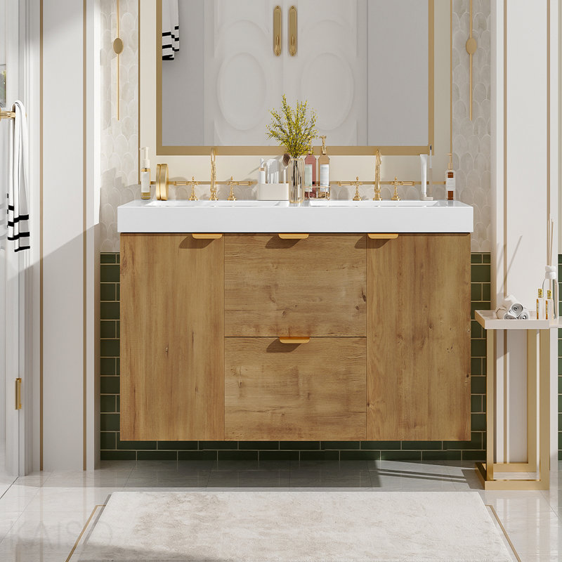 59.3 Inch Double Sink Bathroom Vanity With Smc Top, Mdf Cabinet, Soft Close Doors, Divided Drawers, Wall-Mounted Modern Storage Vanity For Large Bathrooms