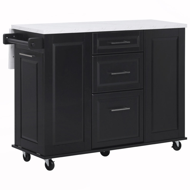 Rolling Kitchen Island on 5 Wheels with Drop Leaf, Black
