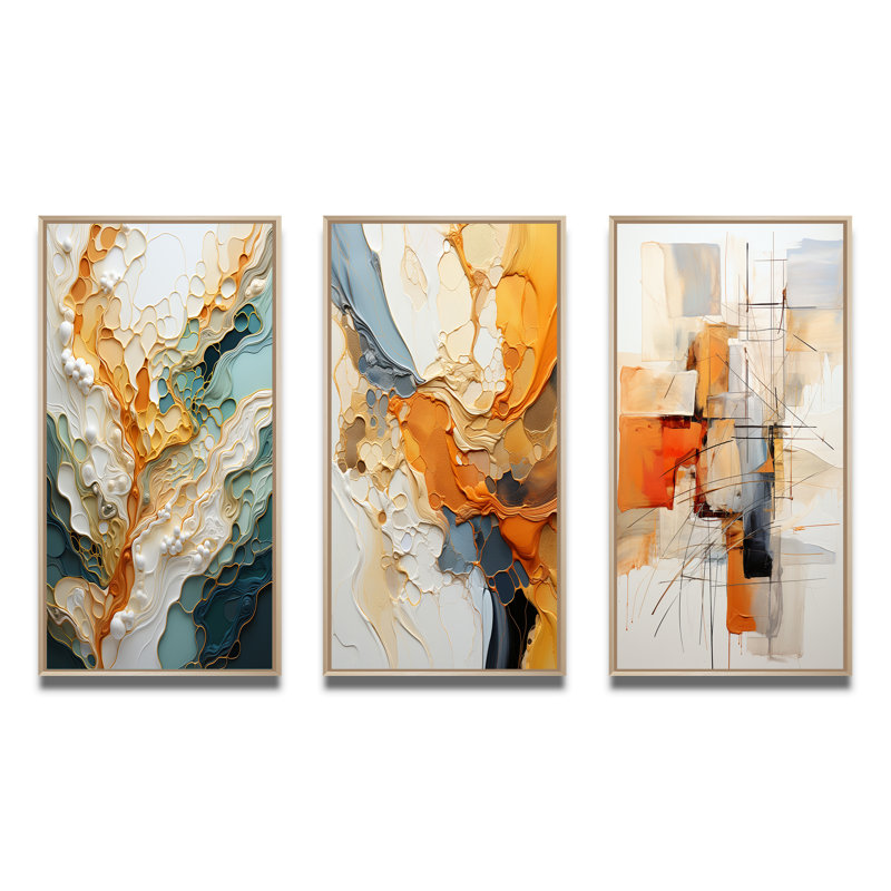 Orange White Line Art Abstraction on Canvas, 28" H x 36" W, Natural Floater Framed