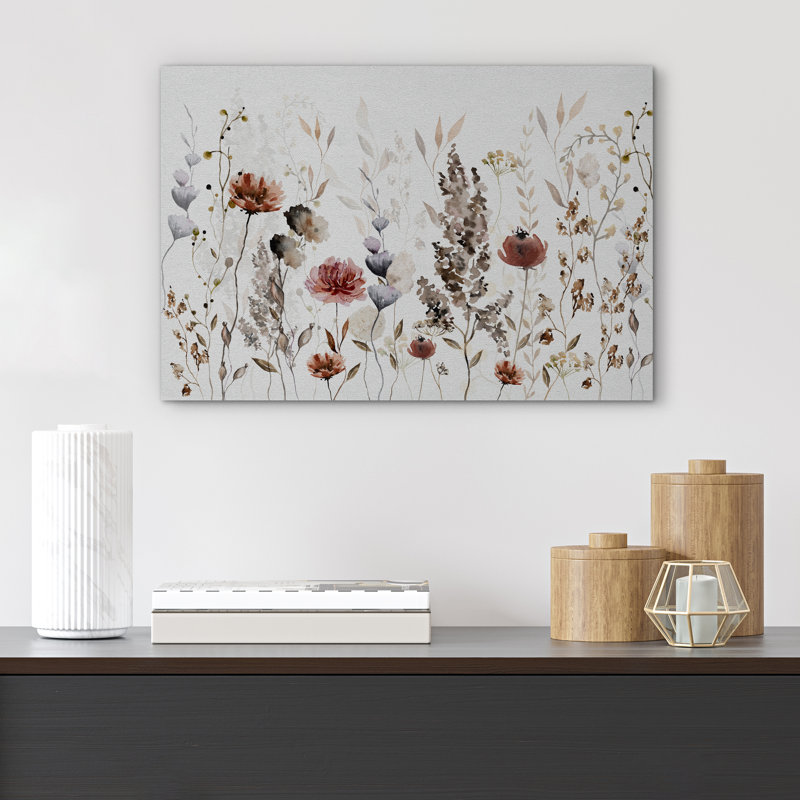 Motif de fleurs neutres brunes et relaxantes, décoration botanique florale de salon, Toile tendue, H 32 po x l 48 po