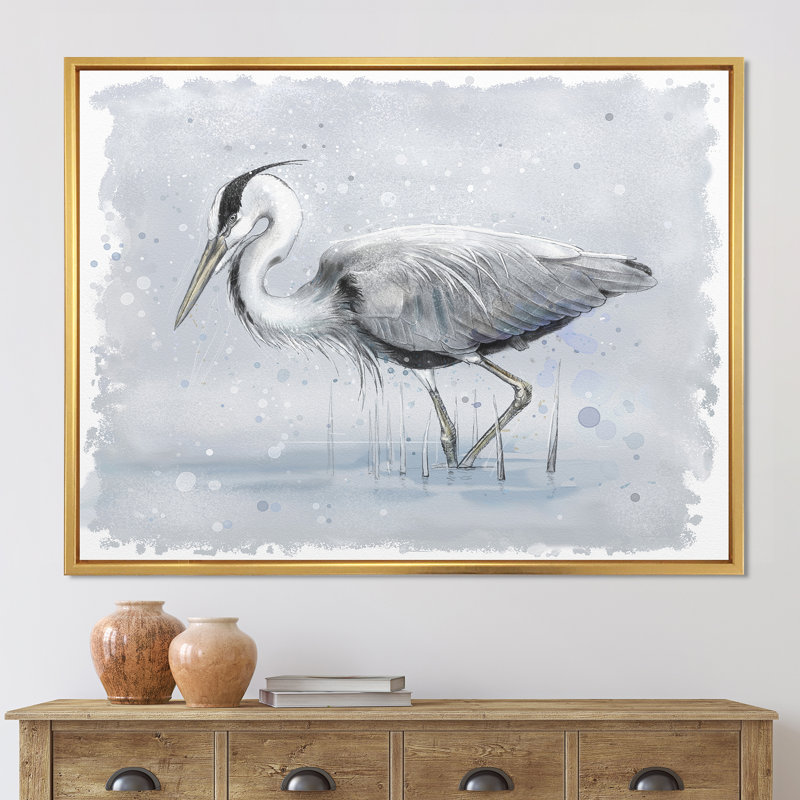 Héron cendré gris - peinture sur toile, H 12 po x l 20 po x p 1 po, Encadrement doré