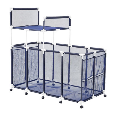 Pool Storage Bin, 64.96 x 33.46 x 64.96 in, Rolling Pool Float Storage Organizer with Side Pockets & Noodles Holder Rack, Durable Plastic Frame, Poolside Toys Mesh Basket for Swimming Pools
