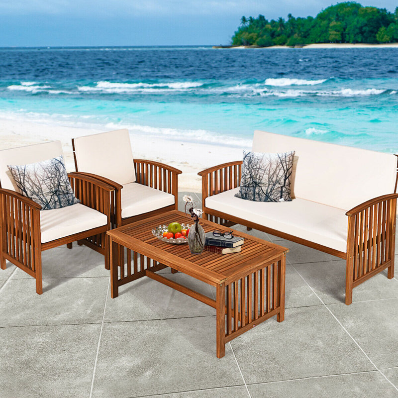 Jonanthan 4pcs Patio Solid Wood Furniture Set Conversation Coffee Table W/black Cushion, White