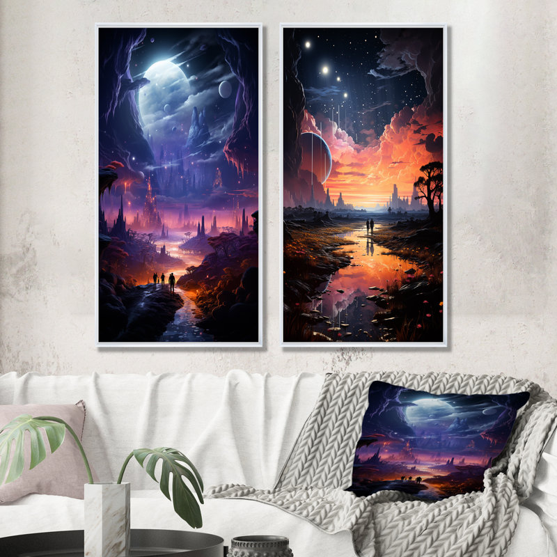 «Blue and Pink Astral Walk To The Moon I», ensemble de 2 impressions sur toile, Cadre blanc, H 40 po x l 41 po