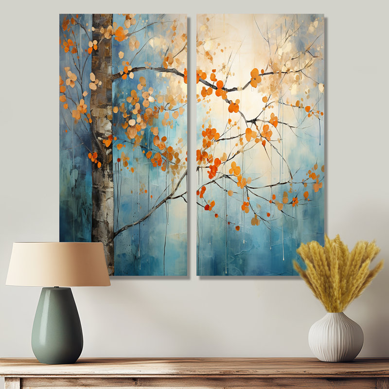 Érable orange sarcelle brillant, braises II - art mural érable floral, H 32 po x l 32 po, Toile tendue, Ne s’applique pas
