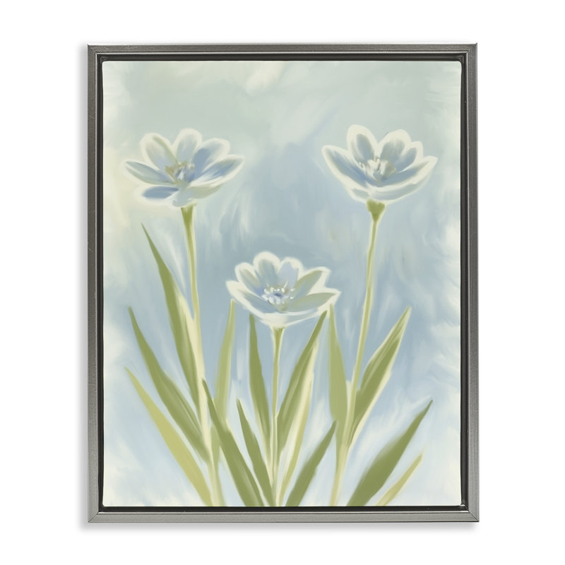 Cadre flottant à trois pétales bleus, design par Kim Allen, H 21 po x l 17 po, Cadre flottant gris lustré