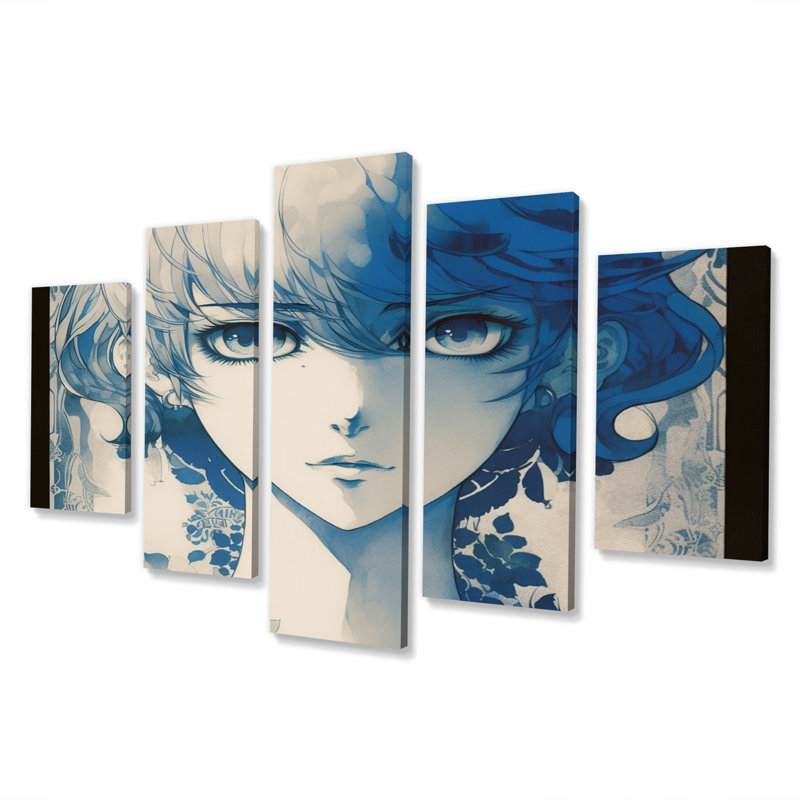 Portrait d'anime jeune femme aux yeux bleus magiques - reproduction d'art sur toile - 5 panneaux