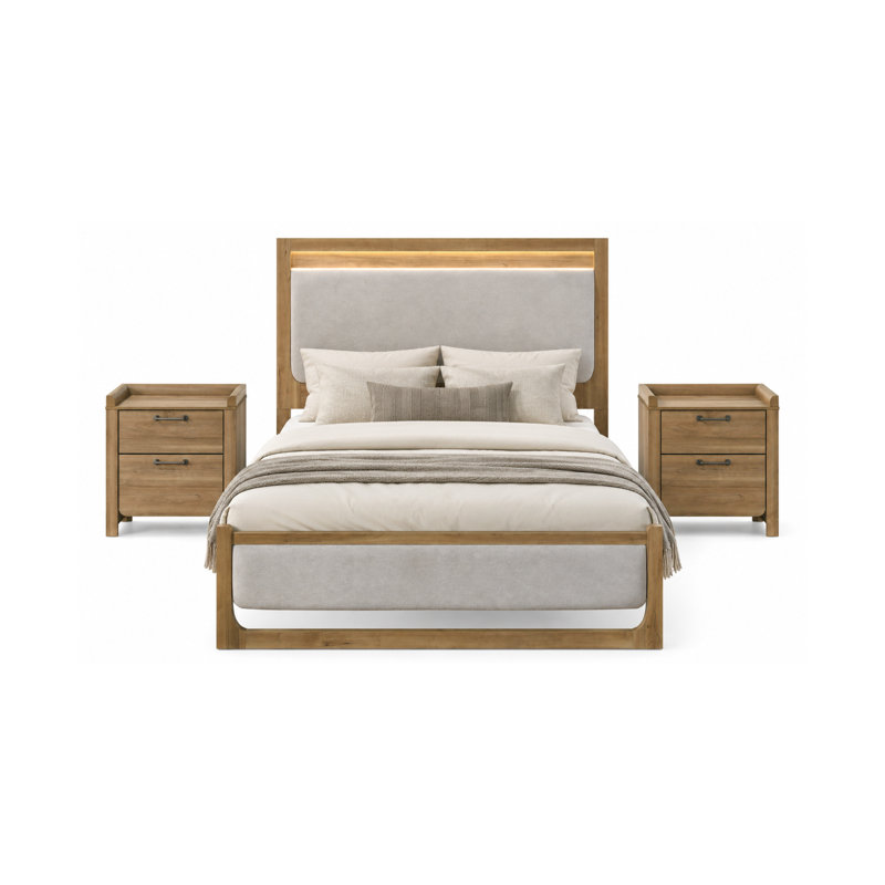 Ensemble de chambre à coucher 3 pièces - Lit transitionnel avec tête de lit tapissier à DEL et 2 tables de chevet, finition chêne naturel