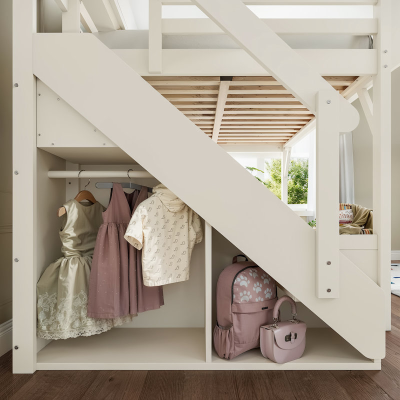 Lit mezzanine double Haven avec garde-corps pleine longueur et escalier pour enfants