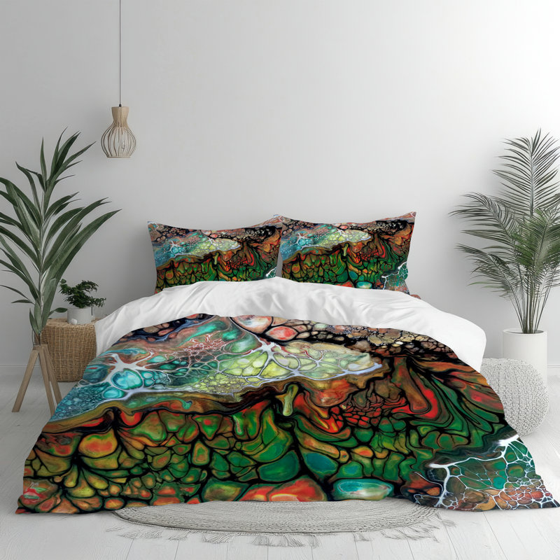 Microfiber Comforter Set, Queen Comforter + 2 Standard Shams, Blue/Dark Green Abstract