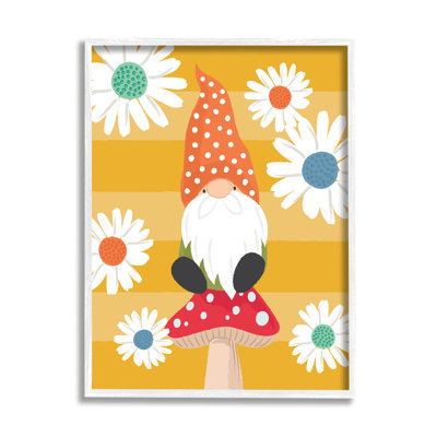 Gnome de champignon, marguerites blanches, rayures jaunes par - impression