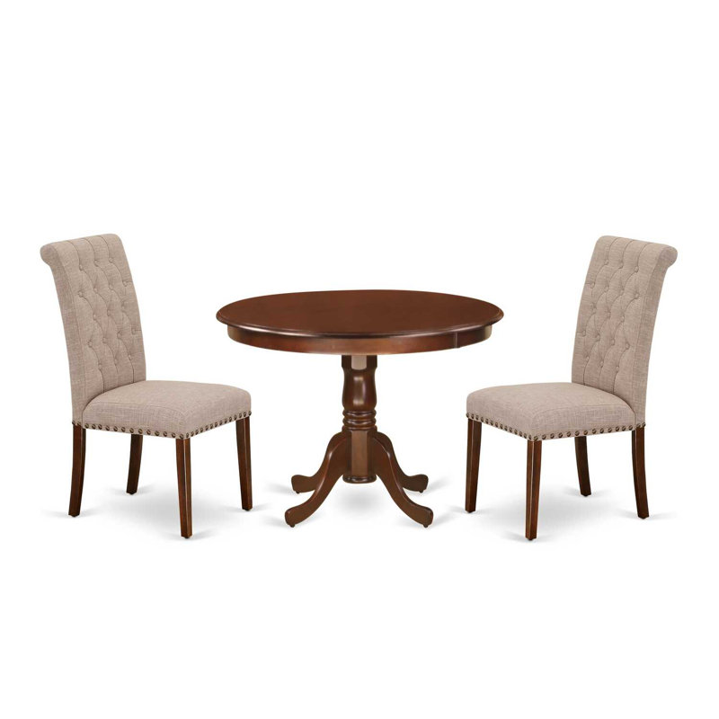 3 Piece Dining Set Contains a Round Dining Room Table with Pedestal and 2 Light Tan Linen Fabric Upholstered Parson Chairs, 42x42 Inch, Mahogany