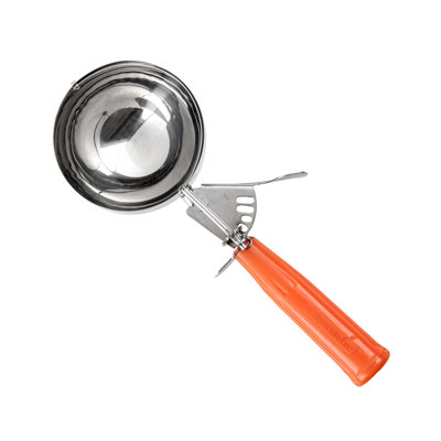 Pelle à portion de 8 onces pour restaurant, 1 cuillère à biscuits en acier inoxydable à déclenchement - avec poignée orange, fer à repasser en acier inoxydable, pour contrôler les portions, pâte à biscuits, pâte à petits gâteaux ou crème glacée