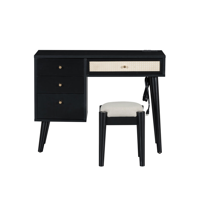 39" Retro Bohemian Style Wooden Makeup Vanity Set With Charging Plug&USB Port And Stool, Dressing Table With 3 Storage Drawers And 1 Rectangular Rattan Drawer