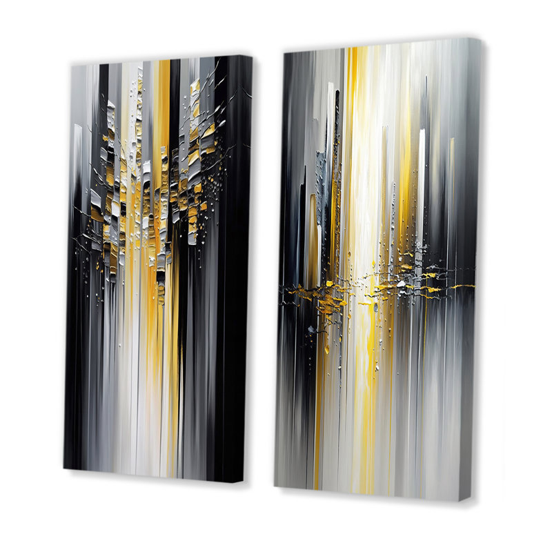 "Abstrait géométrique noir et jaune I", 2 pièces sur toile, Toile tendue, H 40 po x l 40 po