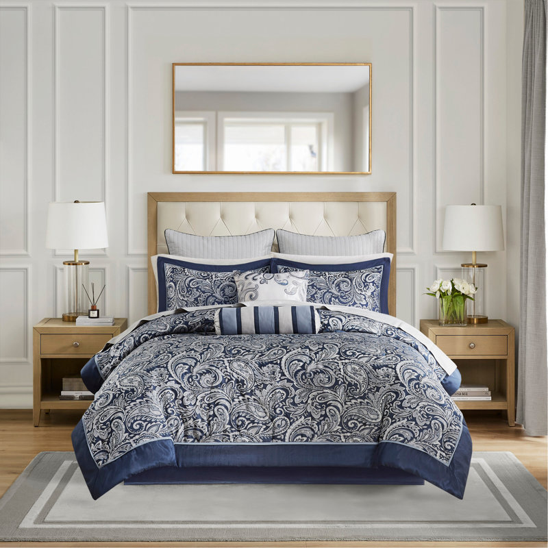 Ensemble d'édredon 12 pièces avec draps en coton bleu marine, Édredon pour grand lit + 11 pièces additionnelle