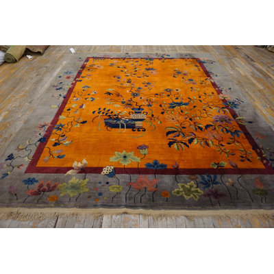 Antique Allover Floral Wool Hand Knotted Pile Yellow / Gold Orange 1920s Rug