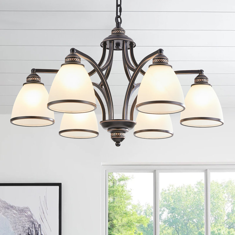 6-light  Dimmable Classic / Traditional Chandelier With white frosted glass shade, Matte Black