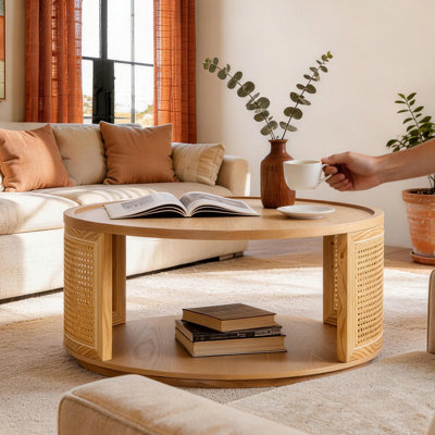 31.5'' Vintage Rattan Woden 2-tier Solid Natural Wood Round Coffee Table For Living Room&bedroom