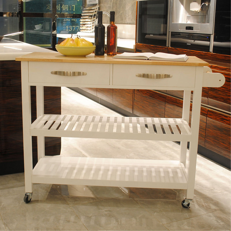 Îlot de cuisine et chariot de cuisine, plateau en bois d'hévéa, îlot de cuisine mobile avec deux roues verrouillables, conception simple pour un rangement et une récupération faciles, deux tiroirs offrent un rangement unique pour les ustensiles spéciaux.