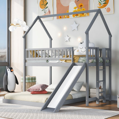 Twin Over Full Bunk Bed With Slide, Built-In And Guardrail In Gray, Construction, No Box Spring Needed For A Relaxing Comfortable Night House Long-Lasting Durability