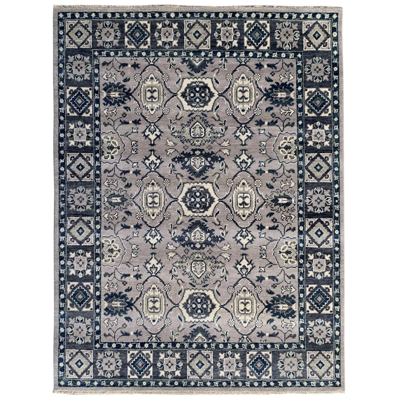 Tapis gris traditionnel captivant en laine noué à la main Jasmine, Rectangle 6 pi x 9 pi