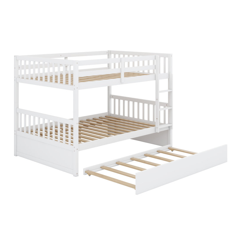 Lit superposé triple avec lit gigogne, échelle et rails de protection intégrés, Blanc
