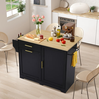 Rolling Kitchen Island Cart W/drop Leaf, Portable Kitchen Islands W/storage Cabinet, Drawer, Spice Towel Rack, Island Table For Kitchen W/trash Storag by Red Barrel Studio