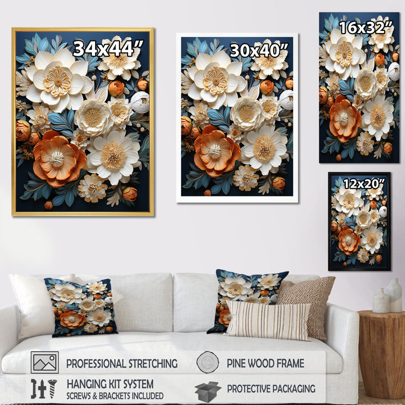 «Beige and Blue Flower Garden Zen I», reproduction d'art sur toile, Cadre simple argenté, H 44 po x l 34 po x P 1,5 po