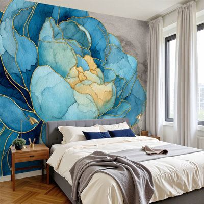 Pivoines bleu marine Papier peint auto-adhésif pivoines complexes Macro Art, aquarelle fluide et or métallique, papier peint amovible H 100 po x l 144 po, papier mural amovible en PVC pour chambre à coucher, bureau à domicile