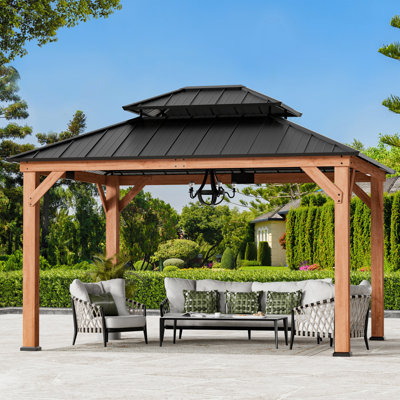 Rosewood 11 Ft. X 13 Ft. Premium Cedar  Wood Framed Hard Top Patio Gazebo With 2-Tier Metal Roof