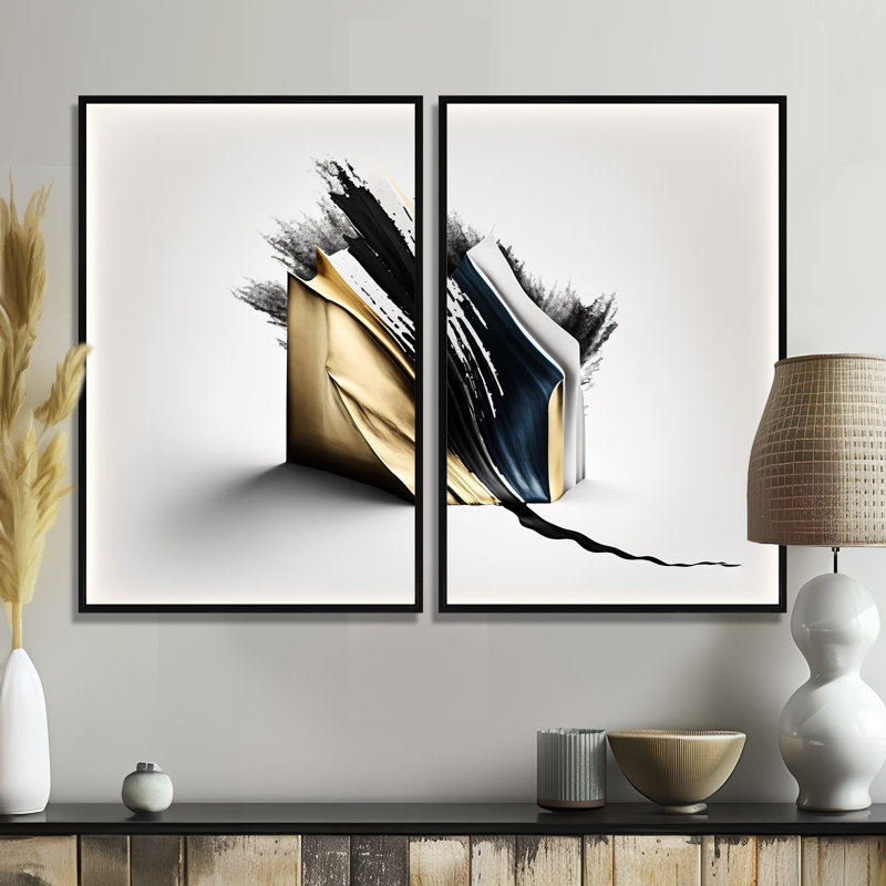 «Black and Gold Cubic Expression VI», art mural moderne 2 pièces, Impression encadrée flottante, Black, 36" H x 48" W