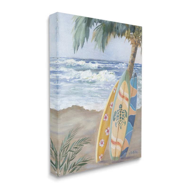 Planche de surf amusante, planches de palmier incliné sur toile par Pam Britton, H 30 po x l 24 po x P 1,5 po, Toile tendue