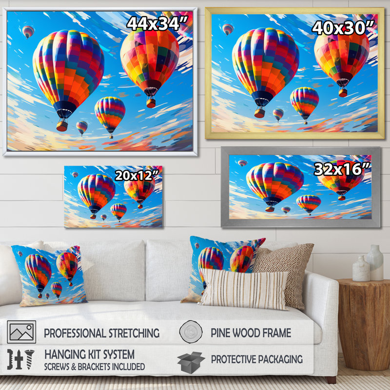 Colourful Hot Air Ballon Chromatic - Transportation Wall Art Prints, H 12 po x l 20 po x P 1 po, Encadrement doré