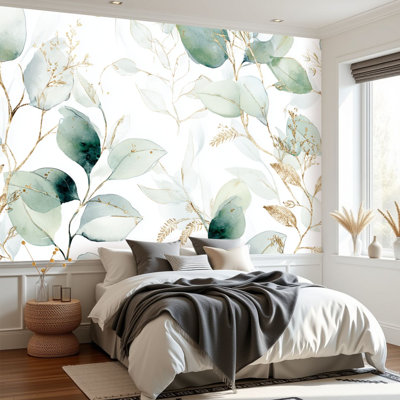 Wall Mural Peel and Stick Wallpaper Seamless watercolor floral green gold leaves branches composition Self-Adhesive Removable Contact Paper Wall Decor for Living Room Bedroom 69"H x 96"W