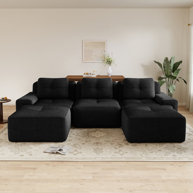 Modern U-Shaped Modular Sofa, Compression Corduroy Fabric & No Assembly, Black