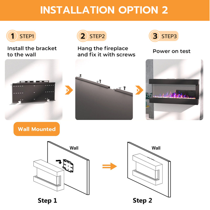 Kamara 3-Sided Electric Fireplace, Recessed and Wall Mounted Heater Fireplaces, Built-in Fireplace Decorations for Living Room with Overheating Protection, Remote, Log & Crystals, Black