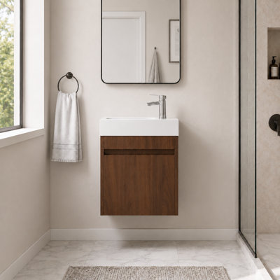 18" Brown Floating Single Bathroom Vanity with Ceramic Sink and Plywood Cabinet