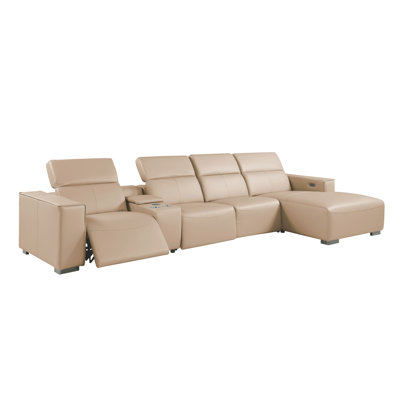 Beige Right-Facing 5-Piece L-Shaped Sectional in Genuine Leather with 1 Power Recliner & Adjustable Headrests