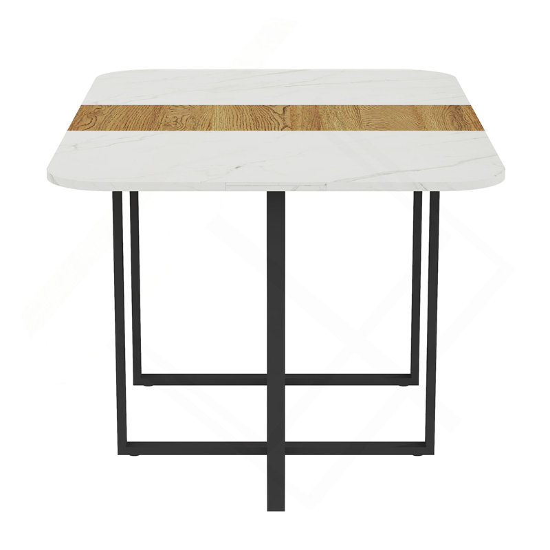 Table de salle à manger moderne 4-6 places - Plateau en faux marbre et grain de bois avec structure en métal noir robuste pour la cuisine et la salle à manger