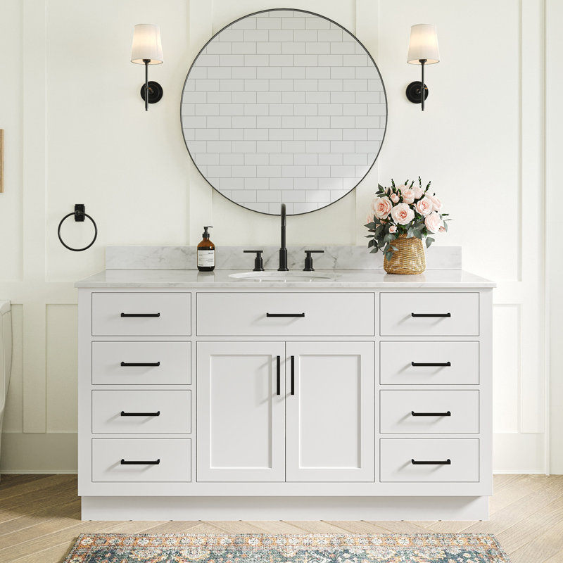 Meuble-lavabo simple en bois massif 60 po avec lavabo en marbre de Carrare 0,75 po Jameal, Ovale, Blanc